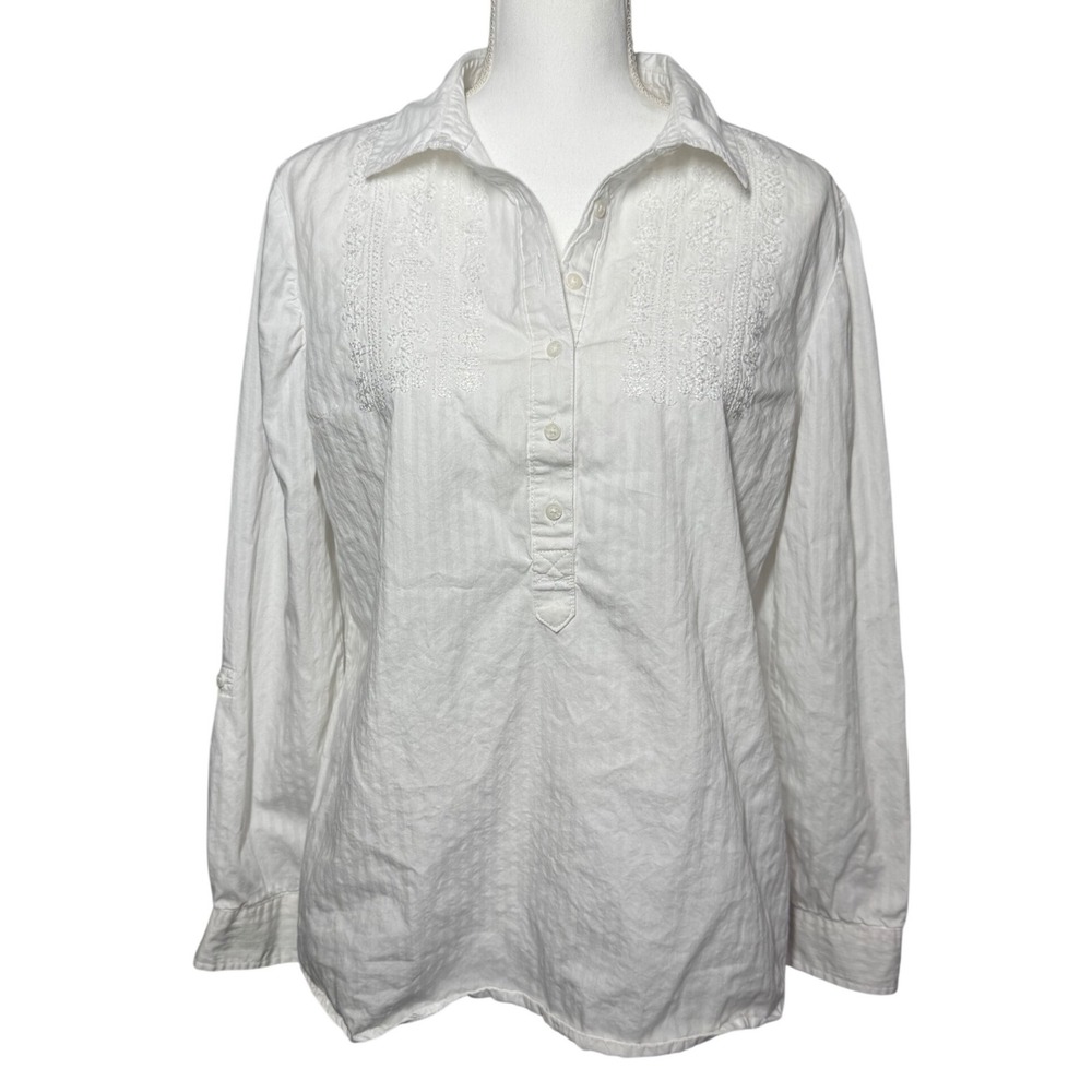 EST 1946 Boho Embroidered Popover Blouse M White Cotton Roll Tab Sleeve